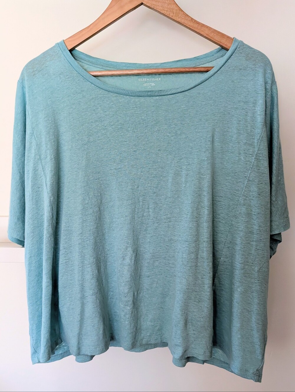 Eileen Fisher 100% Linen Loose Boxy Tee Women's Large Seafoam Blue Green Light
